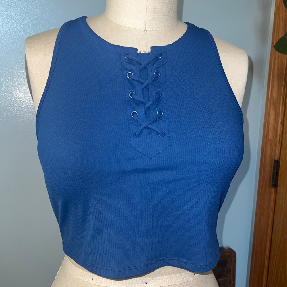 JoyLab Blue Ribbed Lace-Up Front Crop Top Racerback Tank Sleeveless LG NWT‎